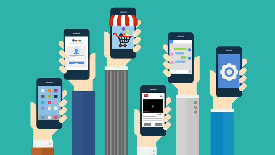 A stylised image of 6 smartphones with different applications to represent Prof. Sarah Mills' research area of the gamification of citizenship 