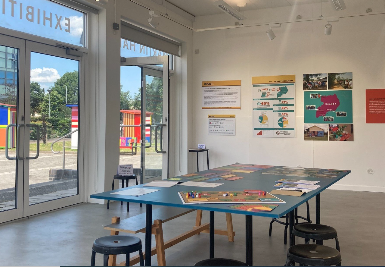 Exhibition space for "Refugee Youth Volunteering Uganda" event, co-curated by Professor Sarah Mills